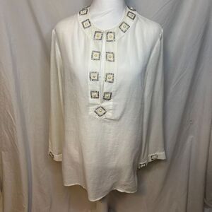 Chico's White Sheer Semi-Long Sleeve Rhinestone Tunic Top Womens Shirt